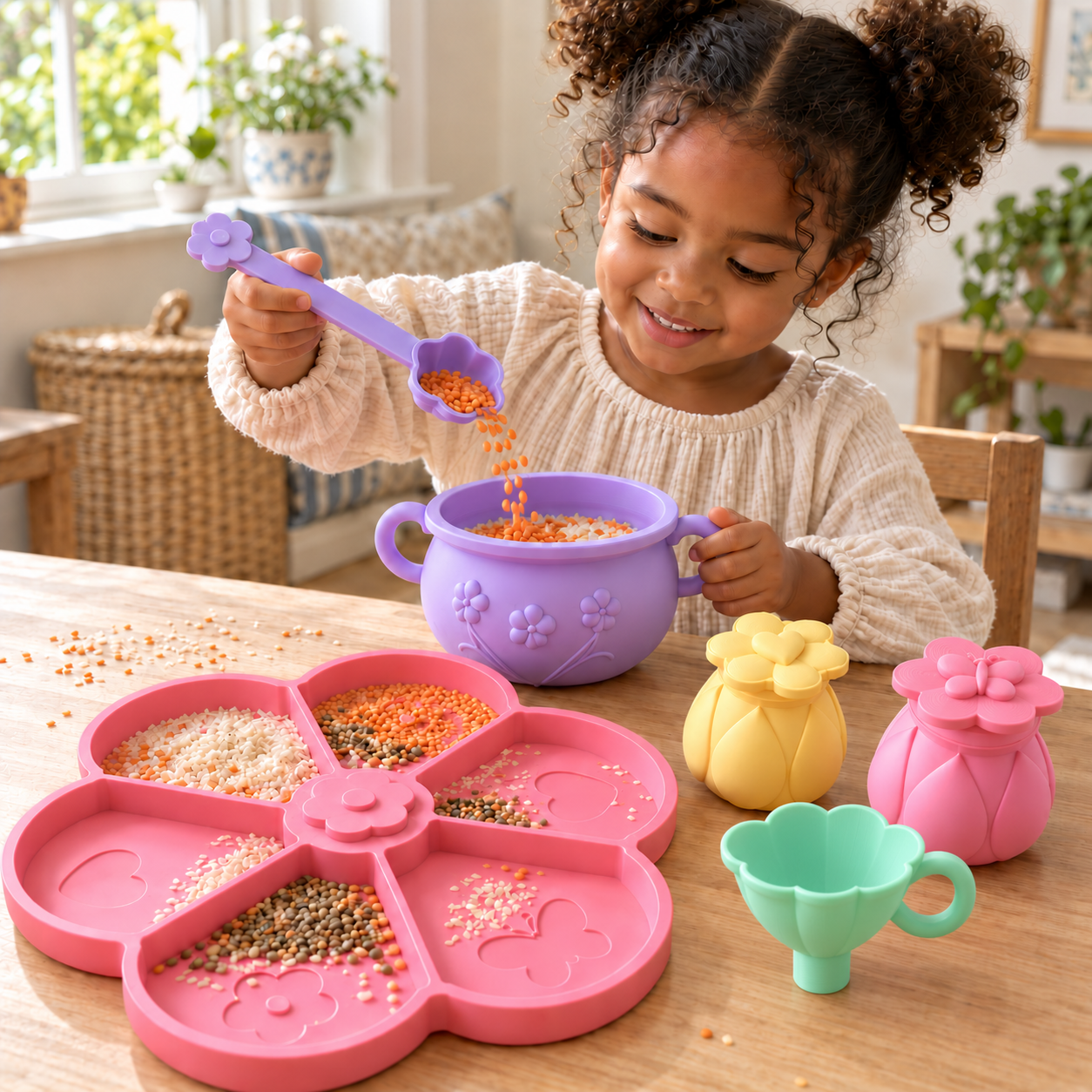 Child scooping into a pastel pot beside the flower tray
