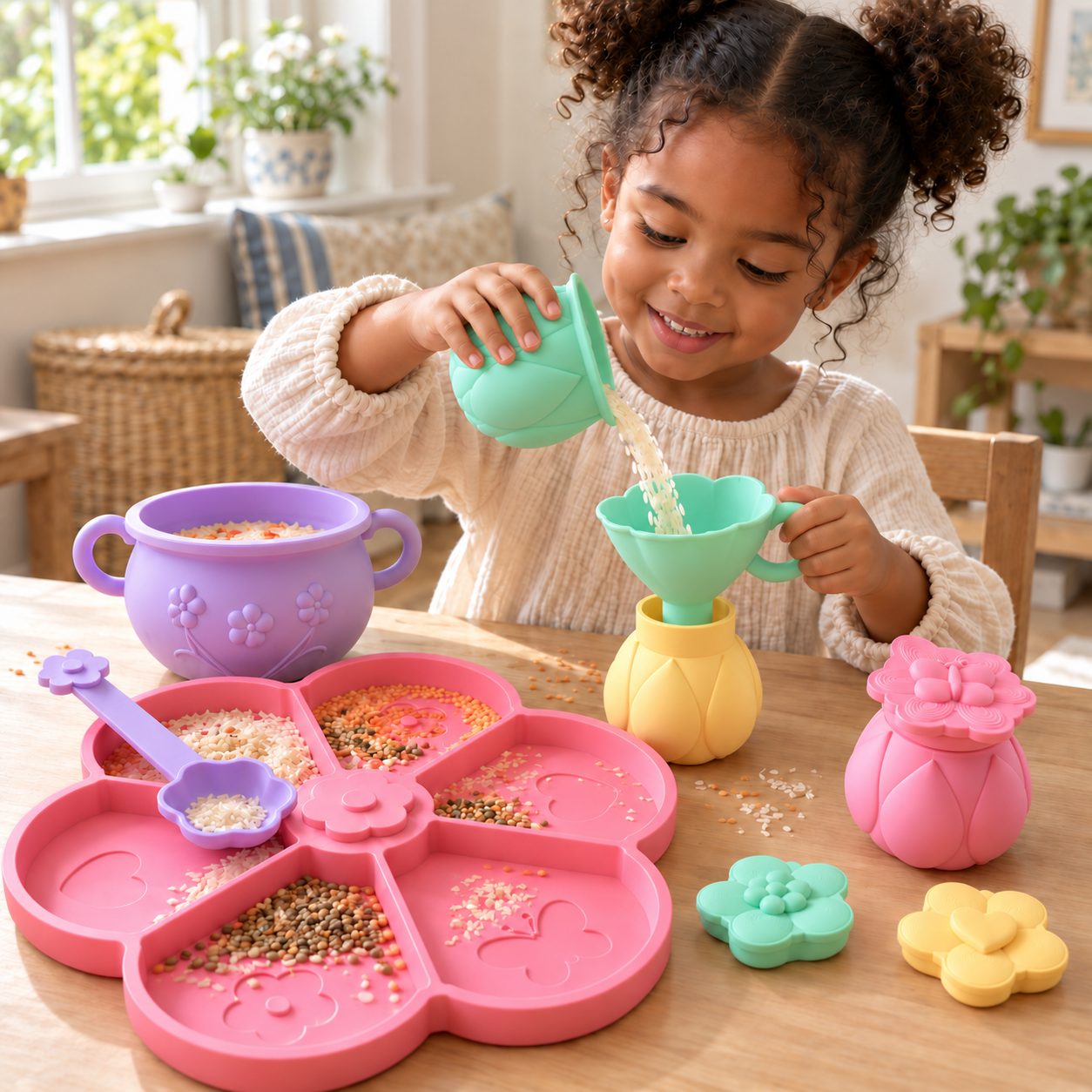 Small hands pouring sensory filler with the pastel play set